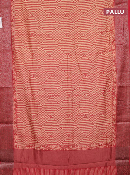 Chanderi silk cotton saree beige and peach shade red with allover prints and banarasi style border