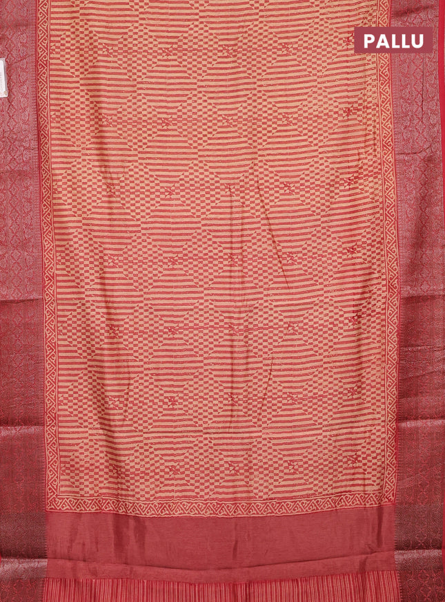 Chanderi silk cotton saree beige and peach shade red with allover prints and banarasi style border