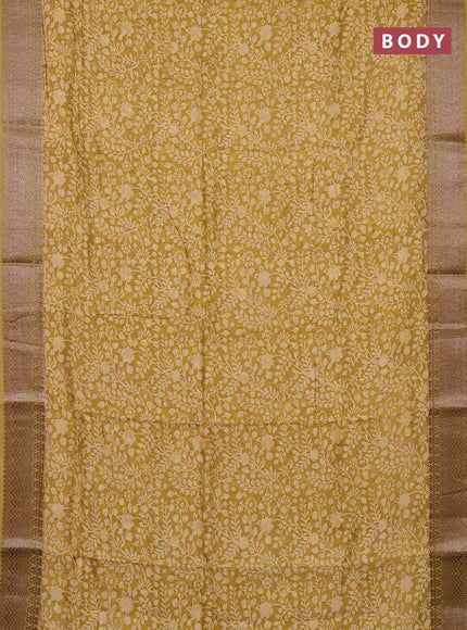 Chanderi silk cotton saree mustard shade with allover floral prints and banarasi style border
