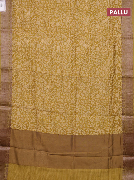 Chanderi silk cotton saree mustard shade with allover floral prints and banarasi style border