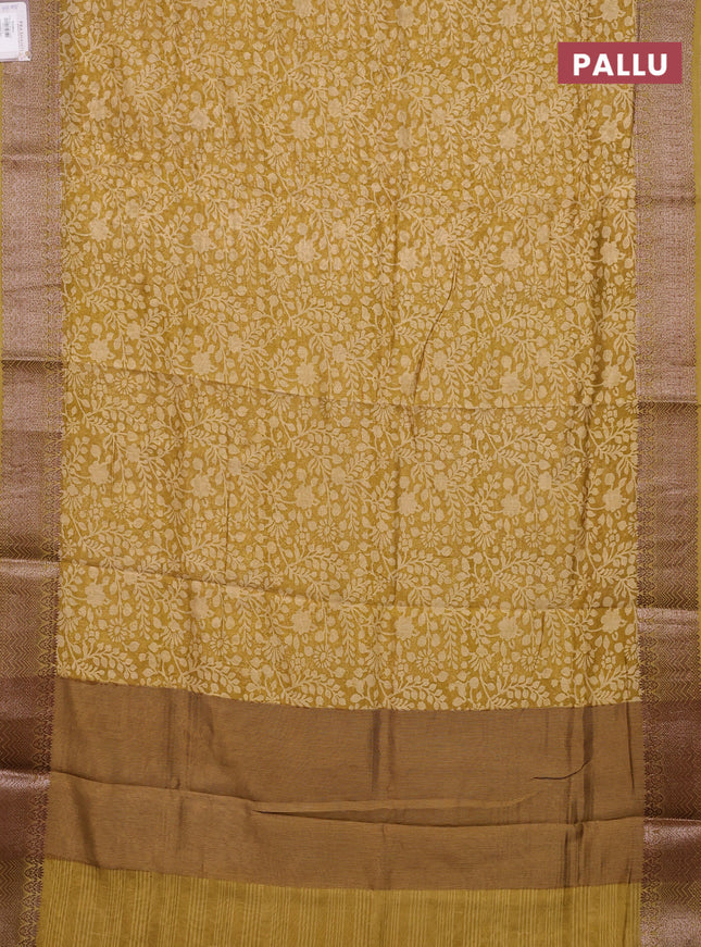 Chanderi silk cotton saree mustard shade with allover floral prints and banarasi style border