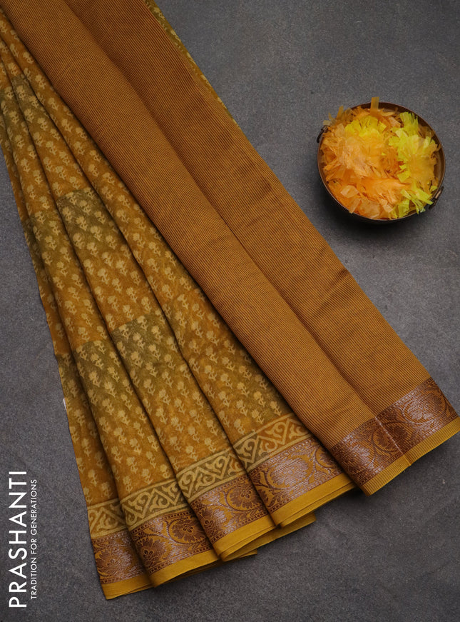 Chanderi silk cotton saree mustard yellow with allover butta prints and banarasi style border
