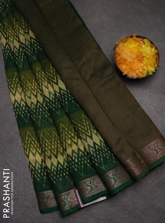 Chanderi silk cotton saree pale yellow sap green and green with allover zig zag prints and banarasi style border