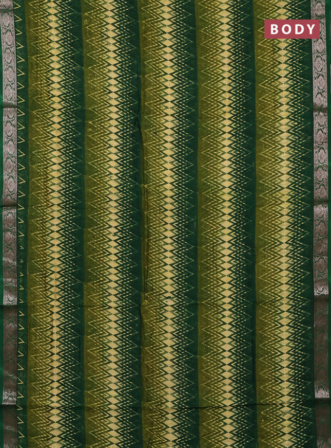 Chanderi silk cotton saree pale yellow sap green and green with allover zig zag prints and banarasi style border
