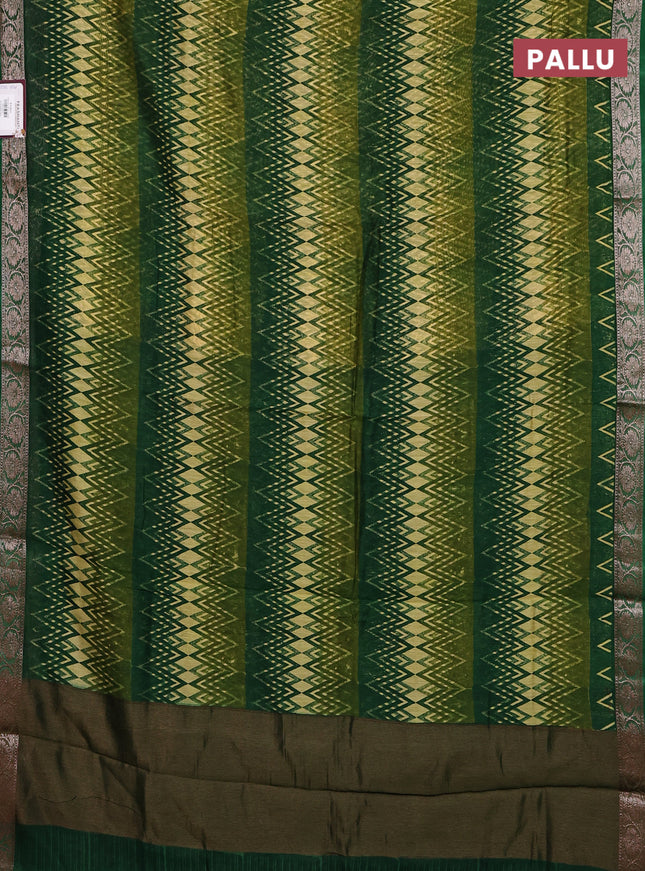 Chanderi silk cotton saree pale yellow sap green and green with allover zig zag prints and banarasi style border