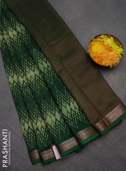 Chanderi silk cotton saree green with allover zig zag prints and banarasi style border