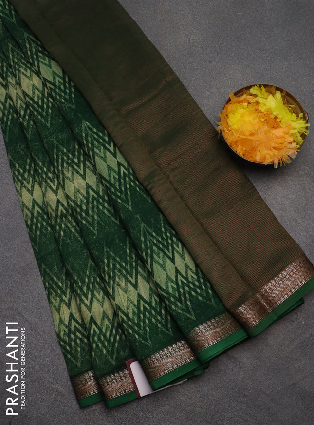 Chanderi silk cotton saree green with allover zig zag prints and banarasi style border