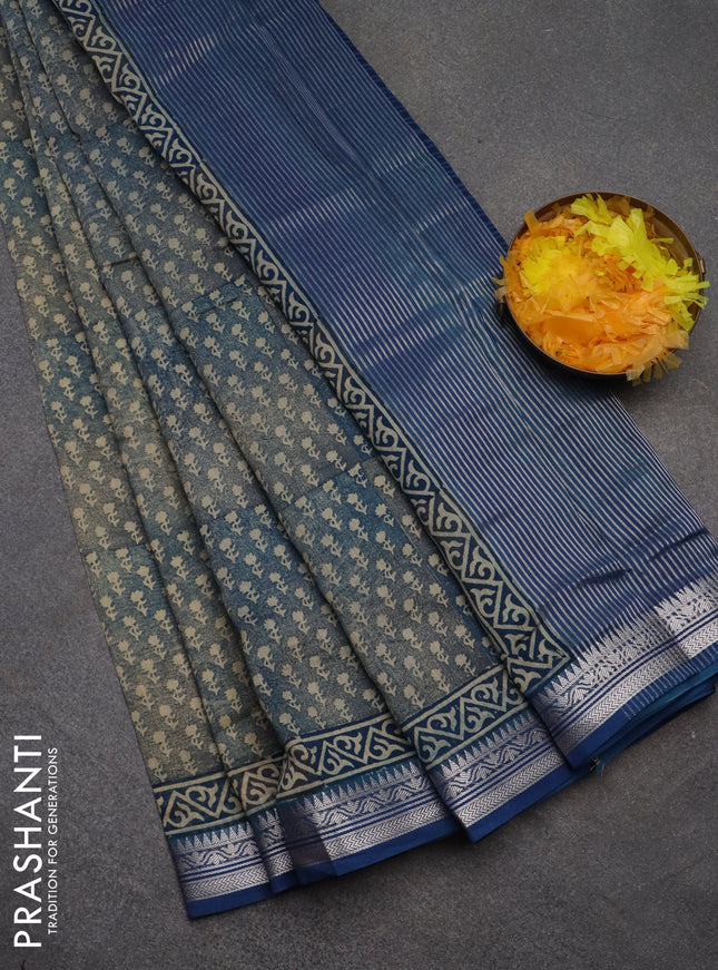 Chanderi silk cotton saree grey and peacock blue with allover floral butta prints and banarasi style border