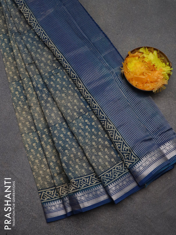 Chanderi silk cotton saree grey and peacock blue with allover floral butta prints and banarasi style border