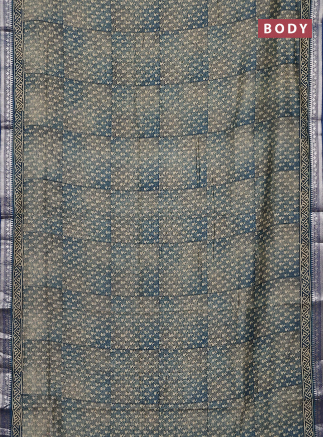 Chanderi silk cotton saree grey and peacock blue with allover floral butta prints and banarasi style border