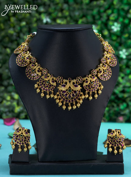 Antique necklace peacock design with kemp stones and golden beads hangings