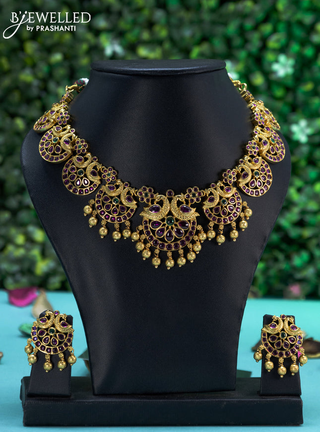 Antique necklace peacock design with kemp stones and golden beads hangings
