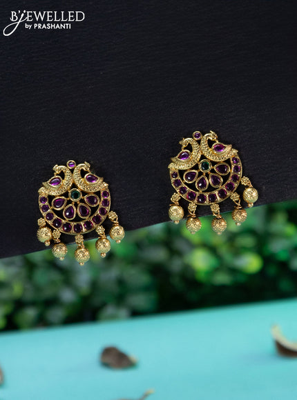 Antique necklace peacock design with kemp stones and golden beads hangings