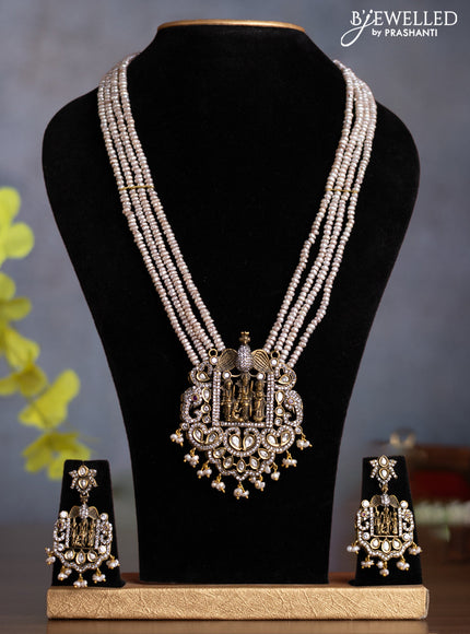 Pearl multilayer necklace tirupati balaji & lakshmi pendant with kundan & cz stones and pearl hangings