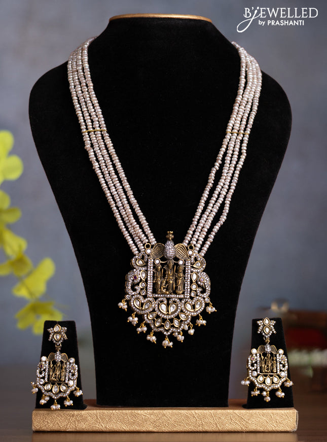 Pearl multilayer necklace tirupati balaji & lakshmi pendant with kundan & cz stones and pearl hangings