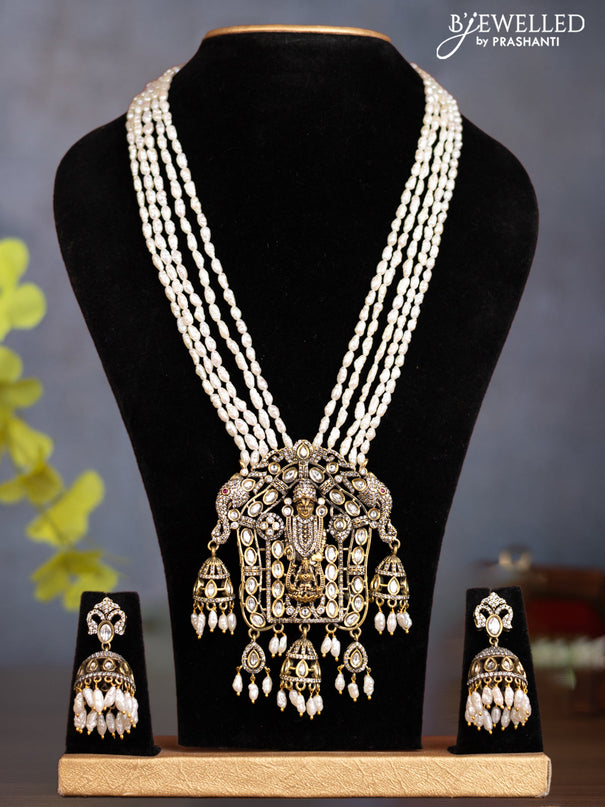 Pearl multilayer necklace tirupati balaji & lakshmi pendant with kundan & cz stones and pearl hangings