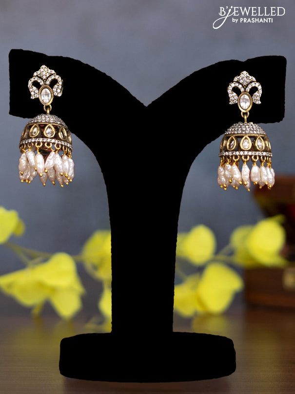 Pearl multilayer necklace tirupati balaji & lakshmi pendant with kundan & cz stones and pearl hangings