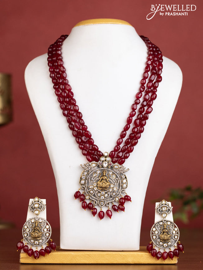 Beaded triple layer maroon necklace lakshmi pendant with kundan & cz stones and beads hanging