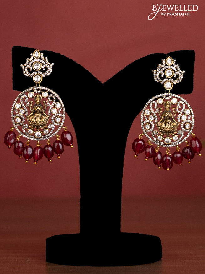 Beaded triple layer maroon necklace lakshmi pendant with kundan & cz stones and beads hanging