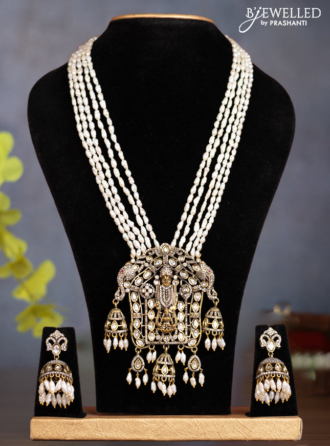 Pearl multilayer necklace ram darbar pendant with kundan & cz stones and pearl hangings