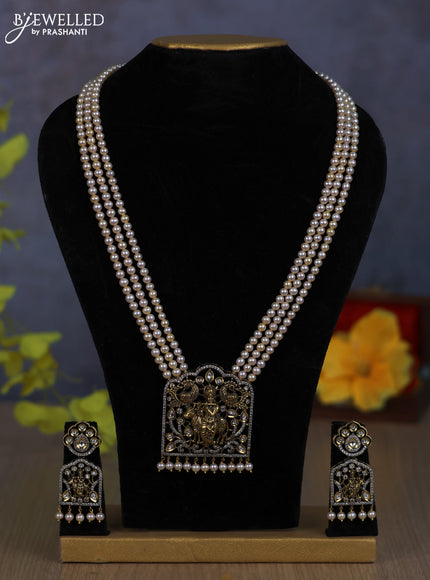 Original Pearl triple layer necklace krishna pendant with kundan & cz stones and pearl hangings