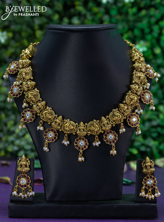 Antique necklace lakshmi & peacock design with pink kemp & cz stones and pearl hangings