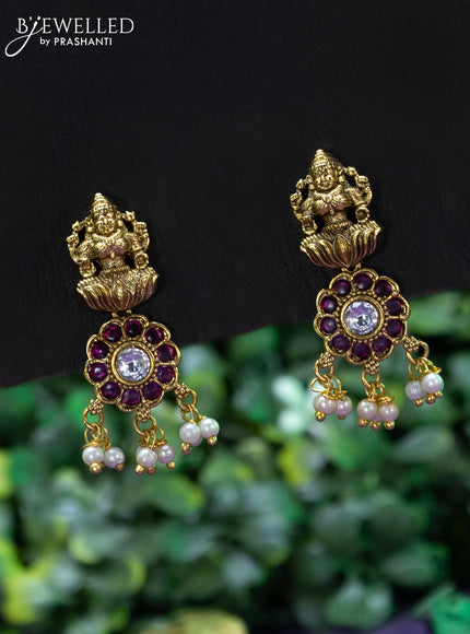 Antique necklace lakshmi & peacock design with pink kemp & cz stones and pearl hangings