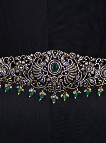 Bridal set with emerald & cz stones and beads hangings in victorian finish