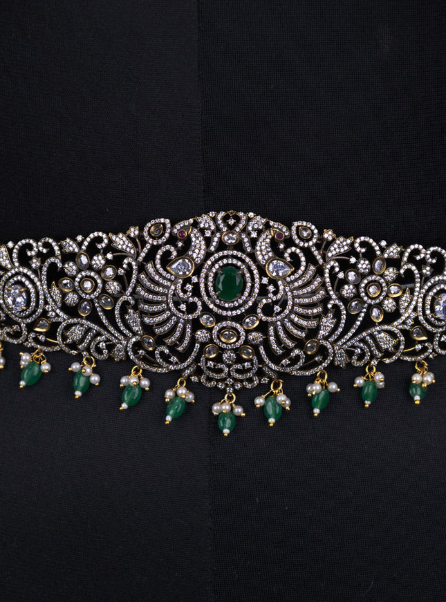 Bridal set with emerald & cz stones and beads hangings in victorian finish