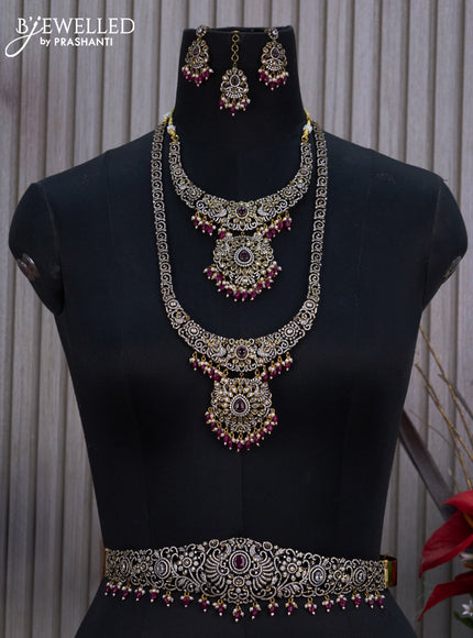 Bridal set peacock design with ruby & cz stones and beads hangings in victorian finish