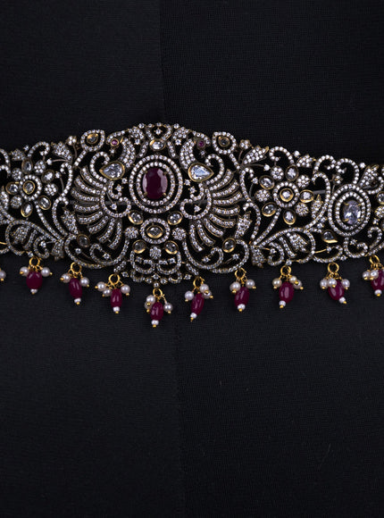 Bridal set peacock design with ruby & cz stones and beads hangings in victorian finish