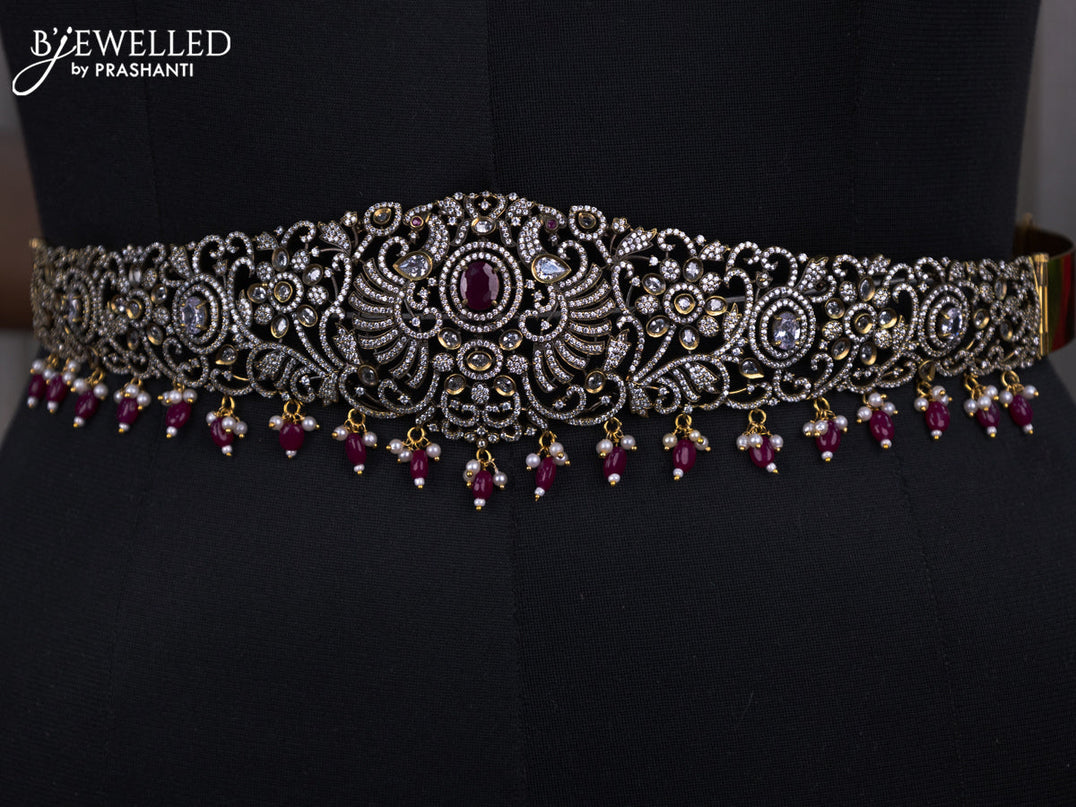 Bridal set peacock design with ruby & cz stones and beads hangings in victorian finish
