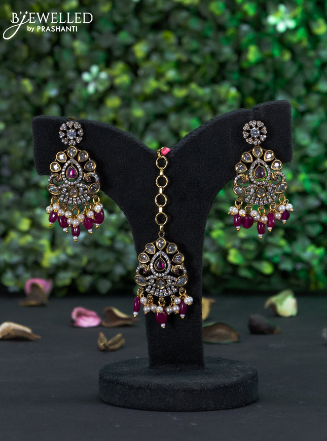 Bridal set peacock design with ruby & cz stones and beads hangings in victorian finish