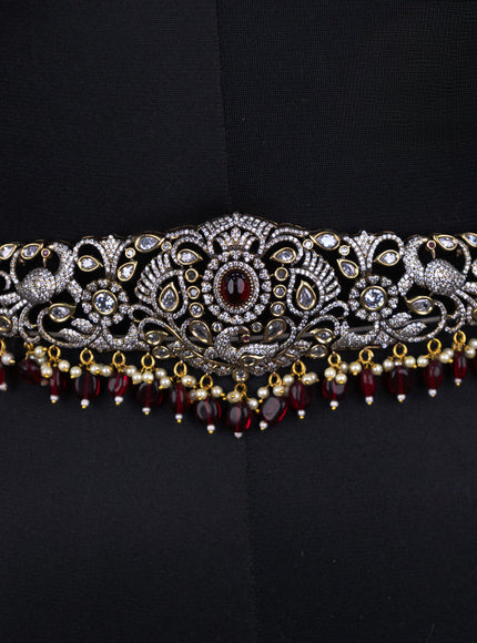 Bridal set peacock design with ruby & cz stones and beads hangings in victorian finish