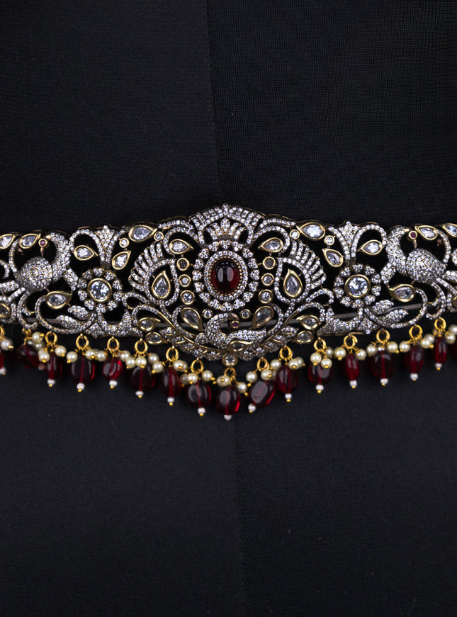 Bridal set peacock design with ruby & cz stones and beads hangings in victorian finish