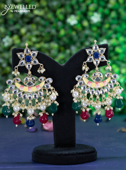 Fashion dangler chandbali cream minakari earrings with kundan & blue stones and beads hanging