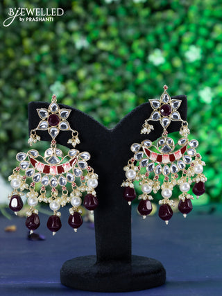 Fashion dangler chandbali maroon minakari earrings with kundan stones and beads hanging