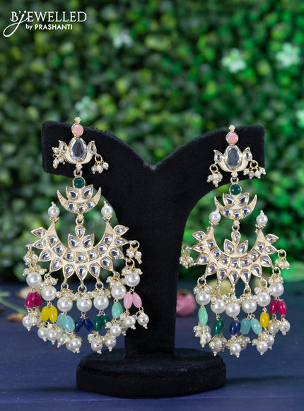 Fashion dangler chandbali cream minakari earrings with kundan stones and beads hanging