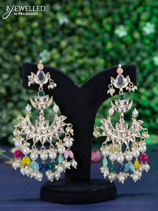 Fashion dangler chandbali cream minakari earrings with kundan stones and beads hanging