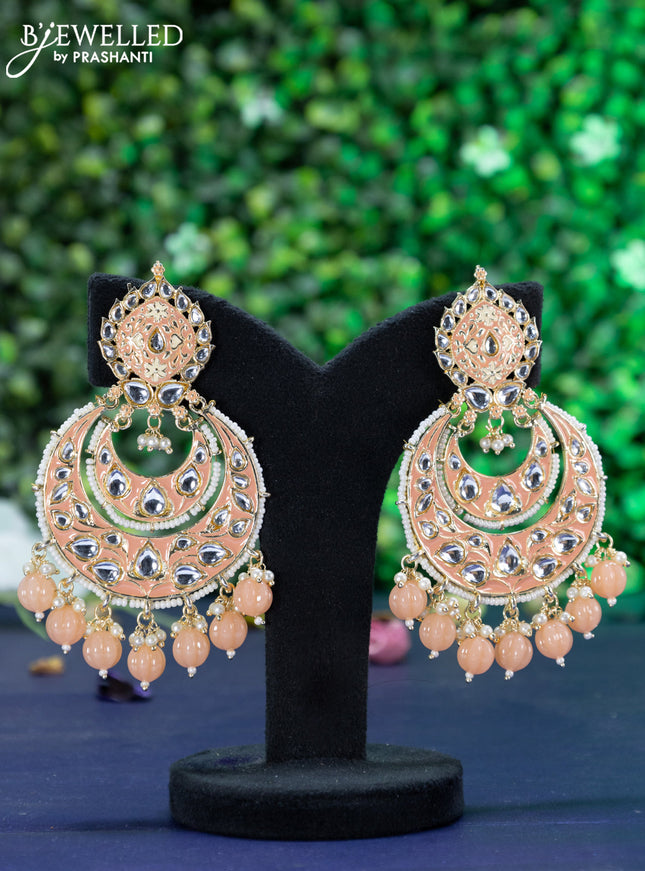 Fashion dangler chandbali peach minakari earrings with kundan stones and beads hanging