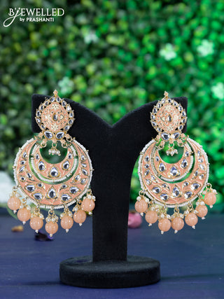 Fashion dangler chandbali peach minakari earrings with kundan stones and beads hanging