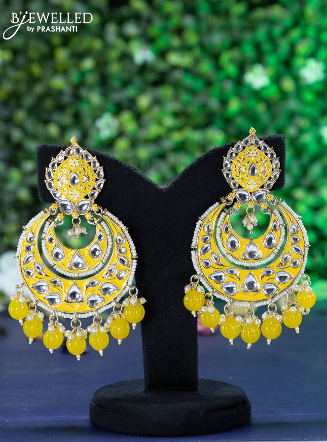 Fashion dangler chandbali yellow minakari earrings with pearl hangings
