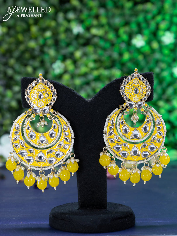 Fashion dangler chandbali yellow minakari earrings with pearl hangings