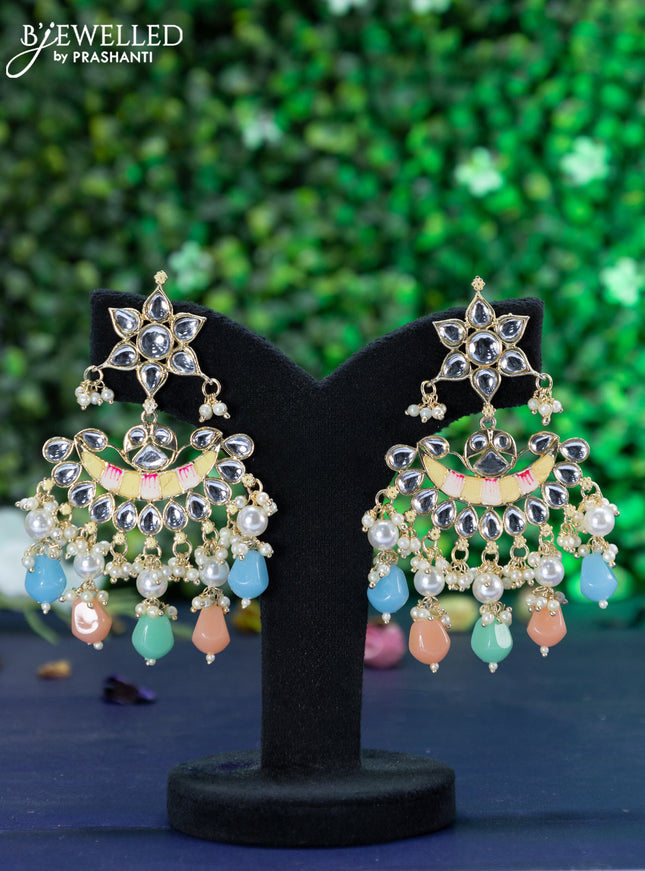 Fashion dangler chandbali cream minakari earrings with kundan stones and beads hanging