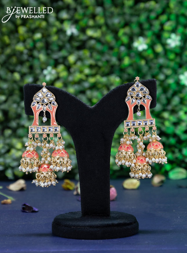 Fashion dangler peach minakari earrings with kundan stones and pearl hangings