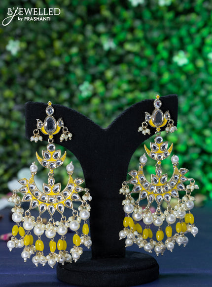 Fashion dangler chandbali yellow minakari earrings with kundan stones and beads hanging