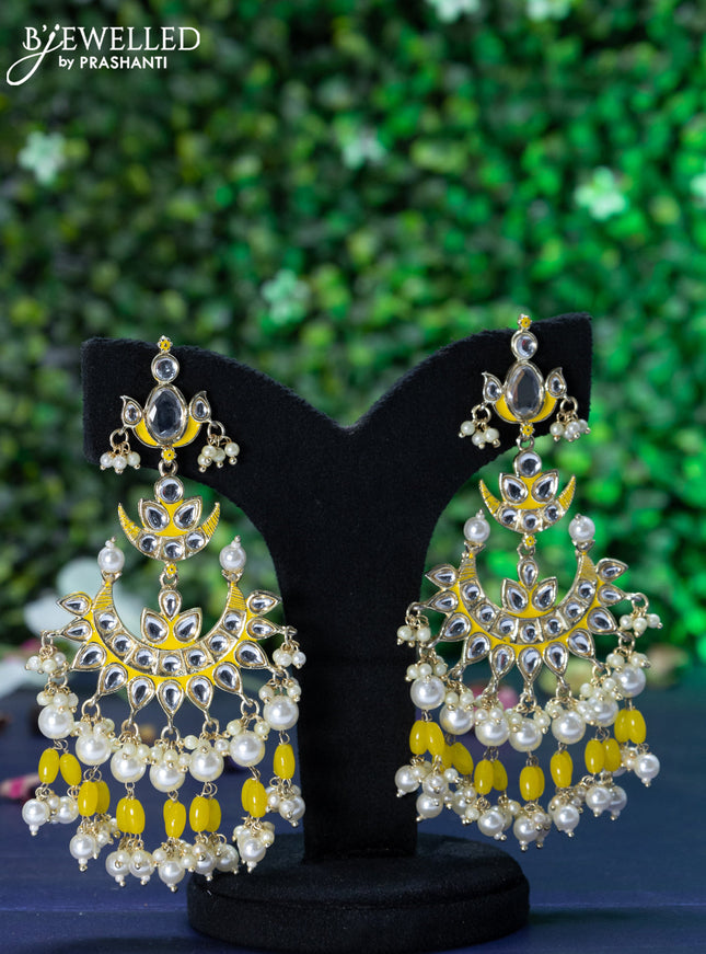 Fashion dangler chandbali yellow minakari earrings with kundan stones and beads hanging