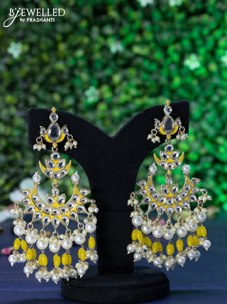 Fashion dangler chandbali yellow minakari earrings with kundan stones and beads hanging