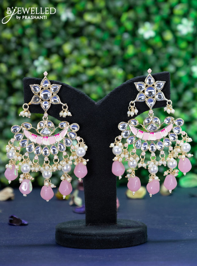 Fashion dangler chandbali pink minakari earrings with kundan stones and beads hanging