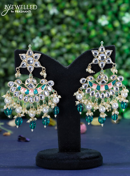 Fashion dangler chandbali peacock green minakari earrings with kundan stones and beads hanging